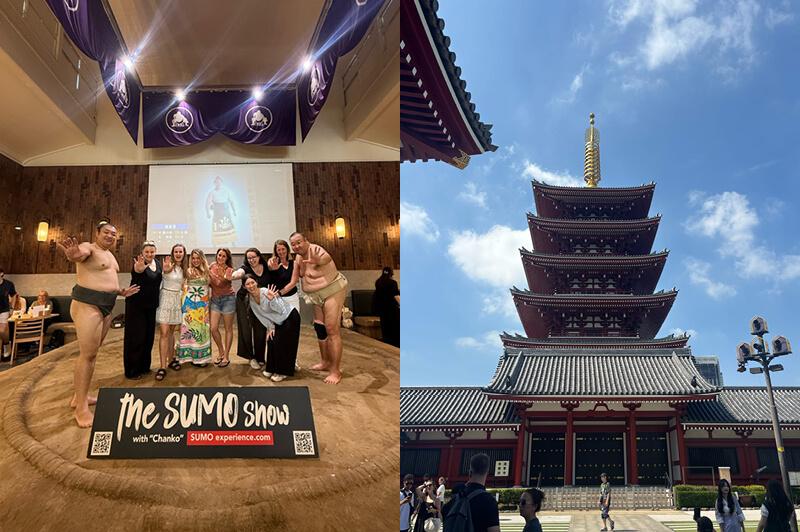 Witnessing the power, tradition, and grace of sumo wrestling in action (L); The five-story pagoda of Sensō-ji Temple. (R)