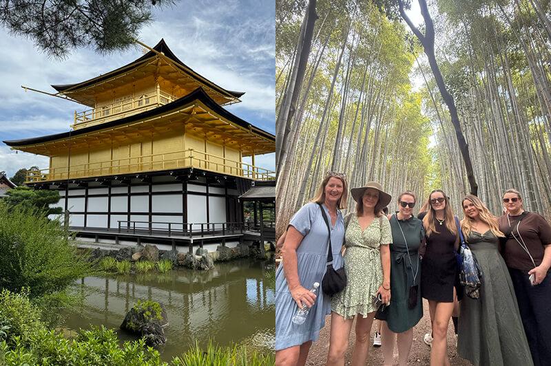 Kinkaku-ji (the Golden Pavilion) in northern Kyoto (L); A moment of calm in the Arashiyama Bamboo Forest. (R)