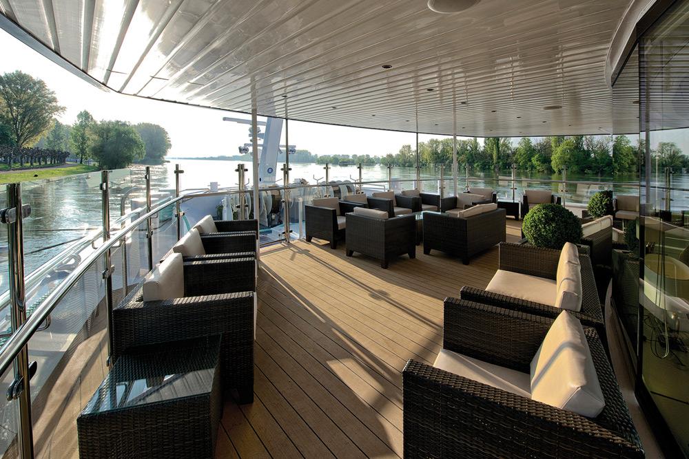 The outdoor Observation Lounge offers excellent backdrops for relaxation, afternoon tea or a pre-dinner drink. Source: Avalon Waterways